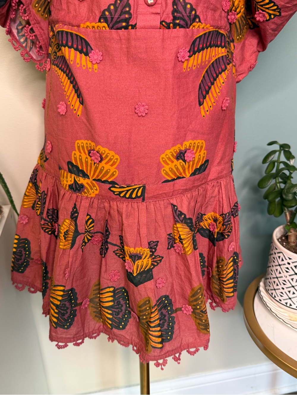 FARM Rio Pink Floral Applique Puff Sleeve Cotton Mini Dress XXS Cottagecore Boho - Picture 8 of 14